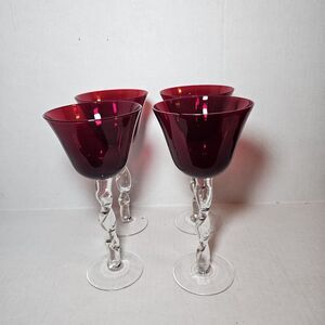 VTG Set Of 4 Deep Ruby Red Wine Glasses  w/ Clear Glass Twisted Spiral Stems  9"